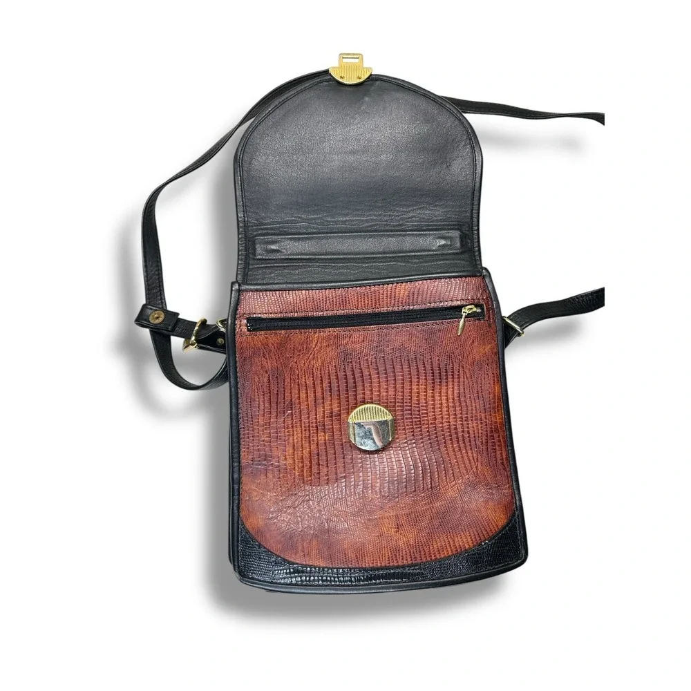 Vintage Snakeskin Leather‎ Embossed Crossbody Satchel Bag Cognac Brown